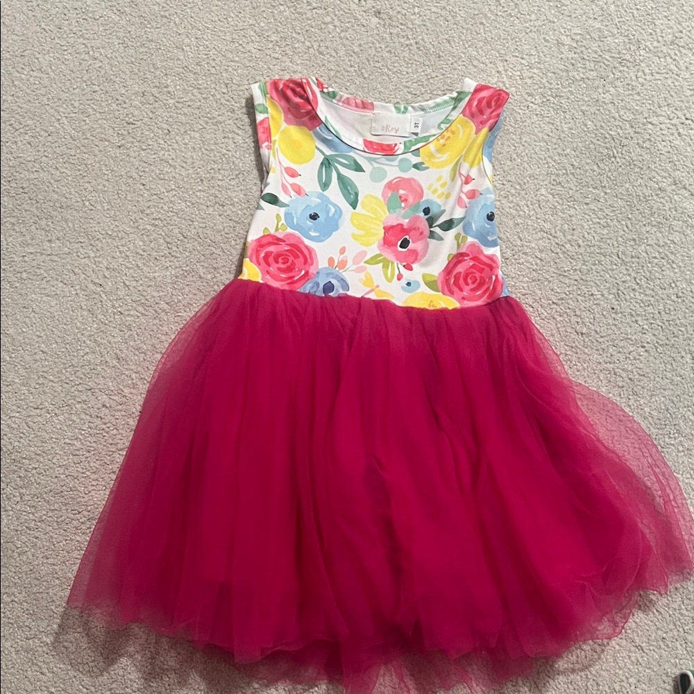 Girls Floral Tank Top Tulle Dress - Hot Pink
